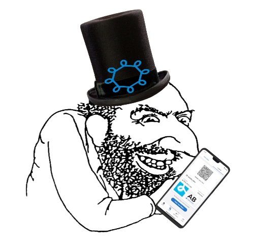jutkuHSL-logo, hattu päässä oleva mies näyttää puhelimensa QR-koodia